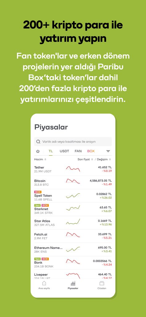 Pantalla del mercado de la aplicación Paribu que muestra precios y tendencias de criptomonedas en Lira Turca.