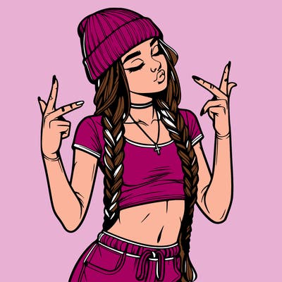 realistic teenage girl with braids and a beanie and crop top doing 🫶🏼