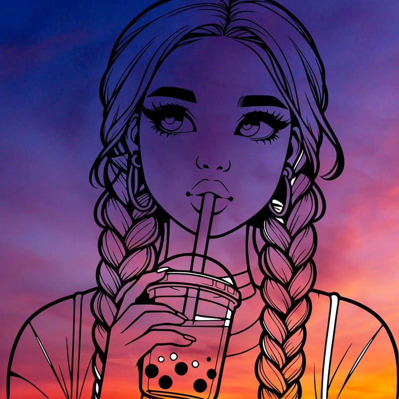 realistic girl with braided hair drinking boba