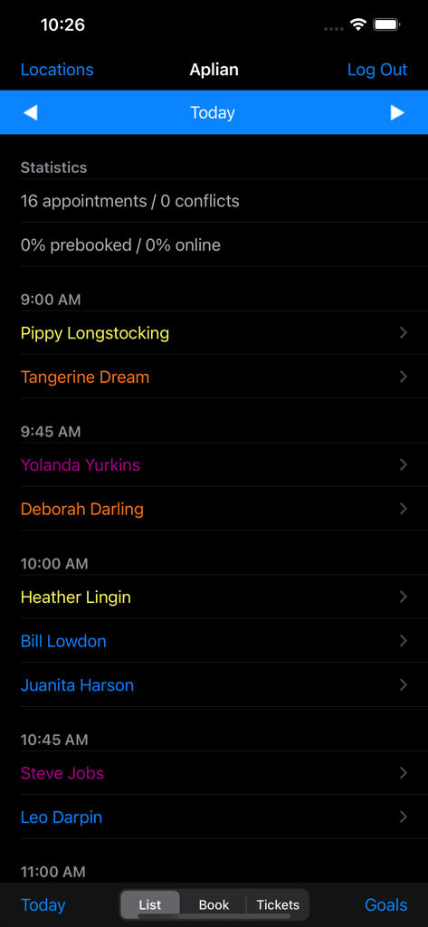 STX app daily appointment schedule showing a list of clients and their scheduled times