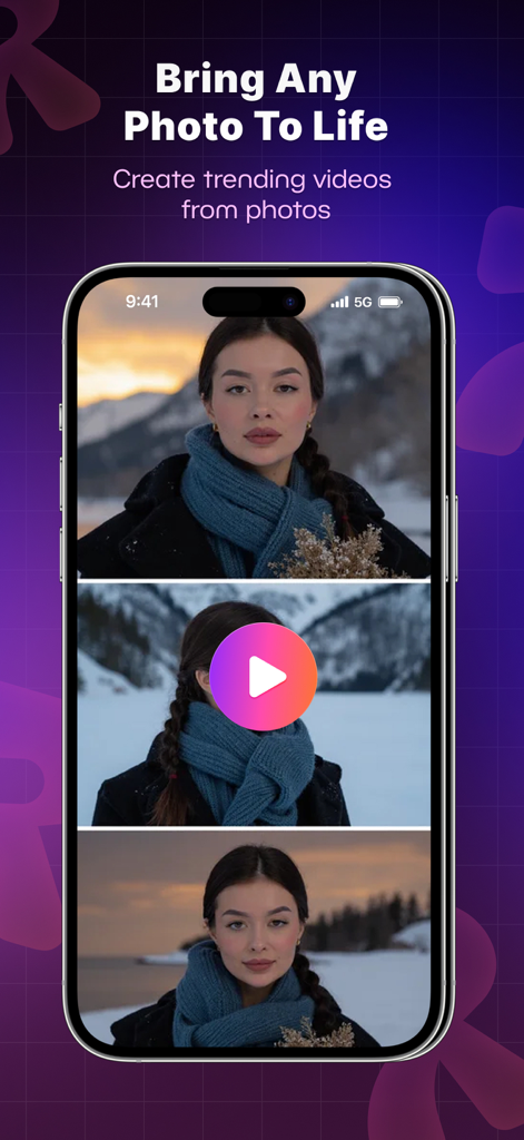 AI Photo Generator - ReCrea.ai - A smartphone displaying the ReCrea.ai app interface with a feature to create trending videos from photos featuring a woman's portrait.