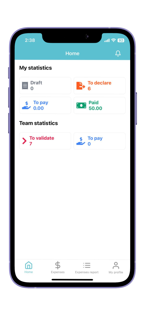 QLIVE mobile App-Dashboard mit Statistiken zu persönlichen und Team-Ausgaben und Dokumentenstatus