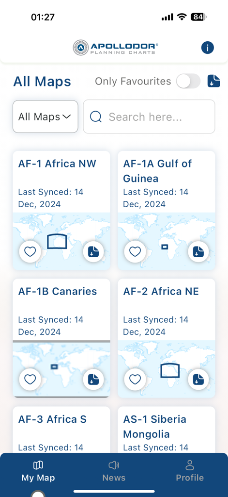 Auswahlansicht von Luftfahrtkarten in der Planningcharts Reader App mit regionalen Karten für Afrika und Sibirien