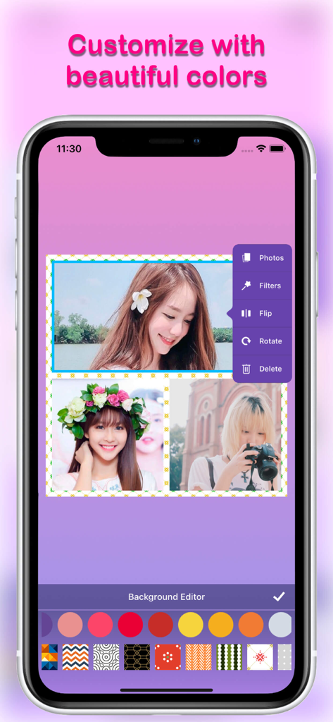 Pic Collage Maker - PicCollage - Pic Collage Maker app interface showing options to customize collage backgrounds with colors and patterns