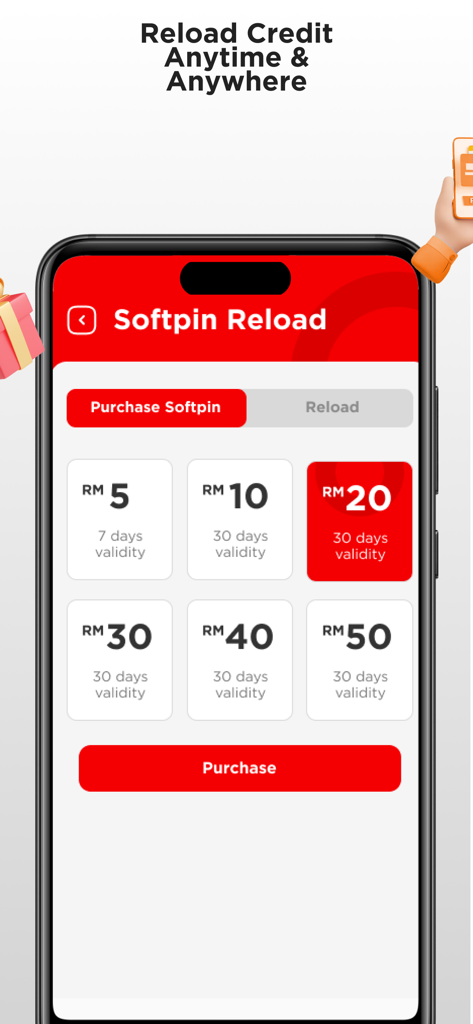 A mobile screen for the redONE Prepaid app showing options to purchase softpin reloads in various denominations from RM 5 to RM 50.