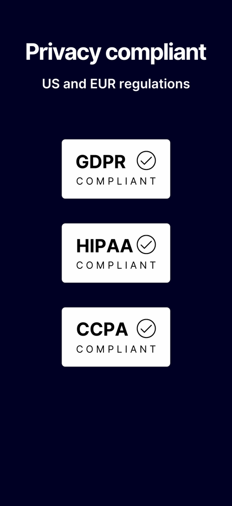 Amigo - Your AI Coach - Privacy compliance screen for Amigo AI Coach showing GDPR HIPAA and CCPA certifications
