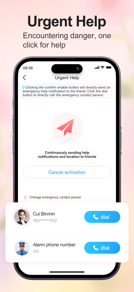 Find family- Share location - Interface do aplicativo Find family mostrando a tela de Ajuda Urgente com discagem de contato de emergência com um clique e compartilhamento de localização.