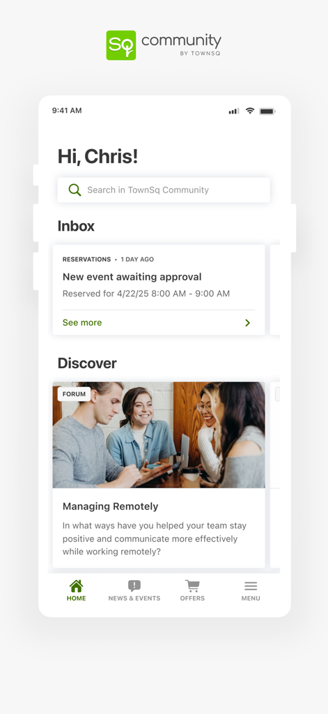 TownSq Community - TownSq Community app dashboard interface showing user inbox and community forum posts