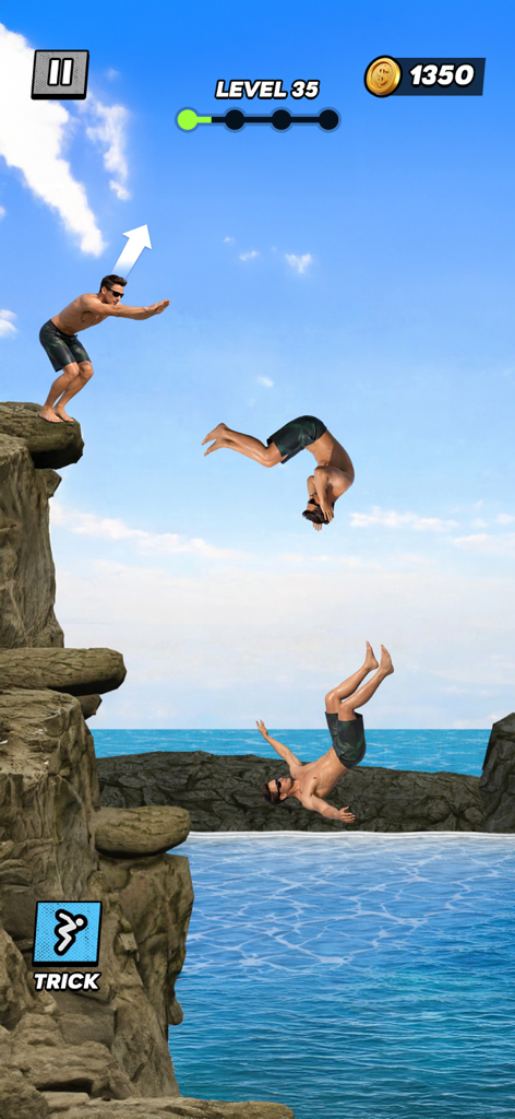 Backflip Mania - Mobile game screenshot of a character performing a backflip from a cliff into the water