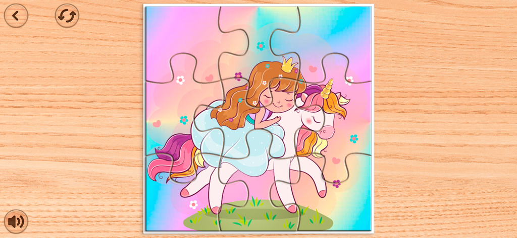 Unicorn Puzzles Game for Girls - Rompecabezas de una princesa abrazando a un unicornio sobre un fondo de arcoíris en el Juego de Puzles de Unicornios para Niñas.
