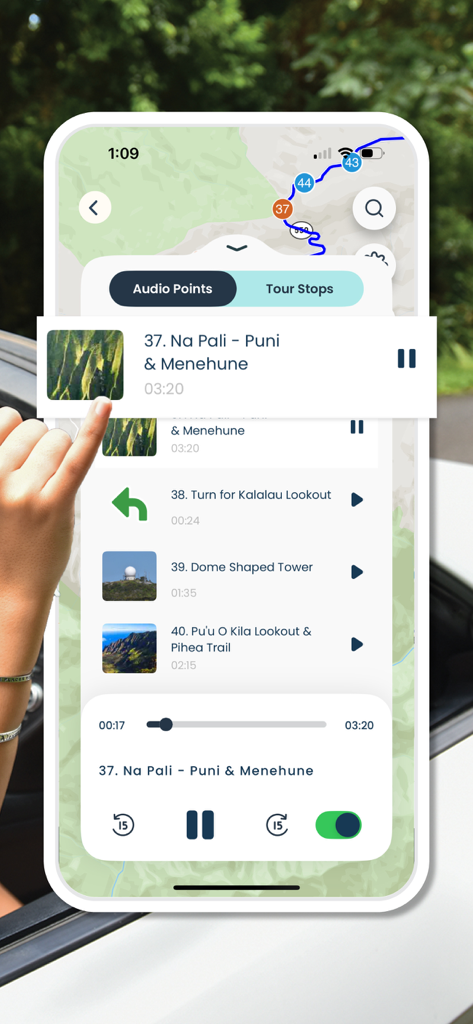 Shaka Kauai Audio Tour Guide - Shaka Kauai app interface showing a GPS map and audio tour player for the Na Pali Coast driving tour.