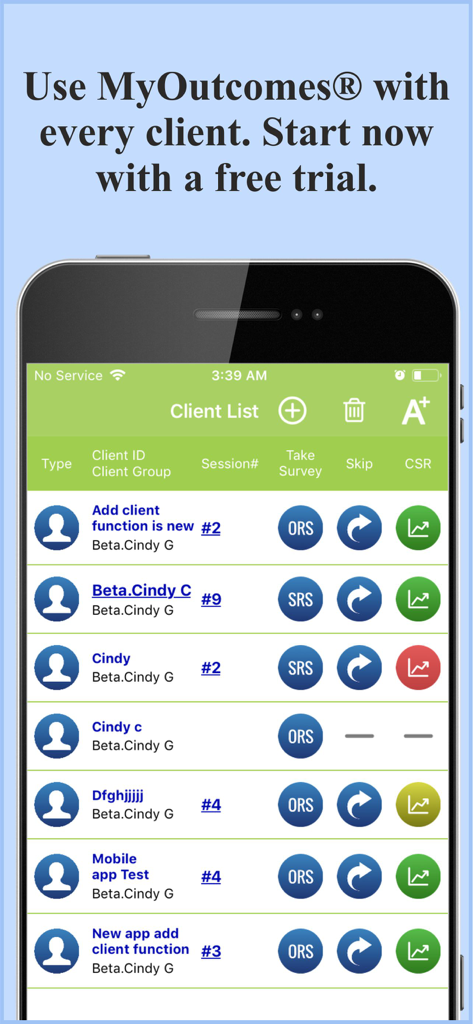 MyOutcomes - Captura de pantalla de la aplicación MyOutcomes que muestra la lista de clientes de un profesional de la salud mental con números de sesión y estado de la encuesta de calificación de resultados.