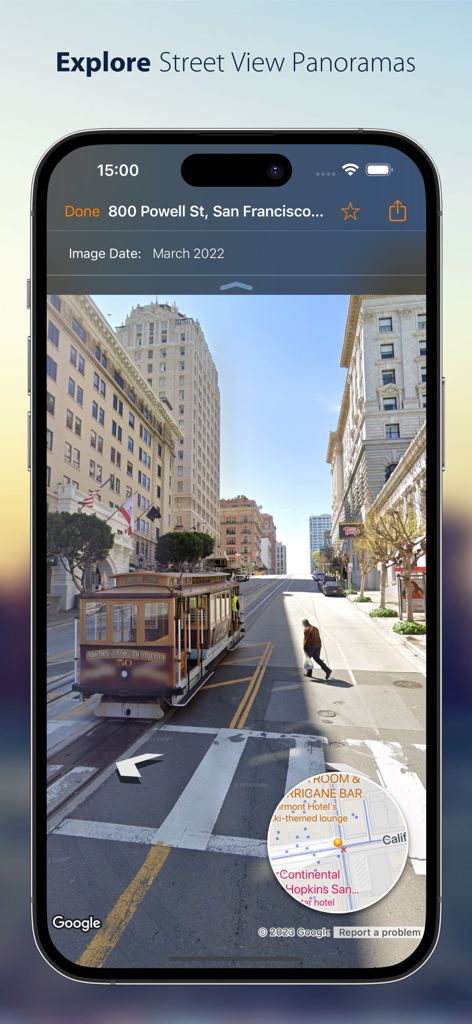 Streets - Street View Browser - Pantalla de iPhone que muestra un panorama de Street View de San Francisco con un tranvía y un minimapa interactivo.
