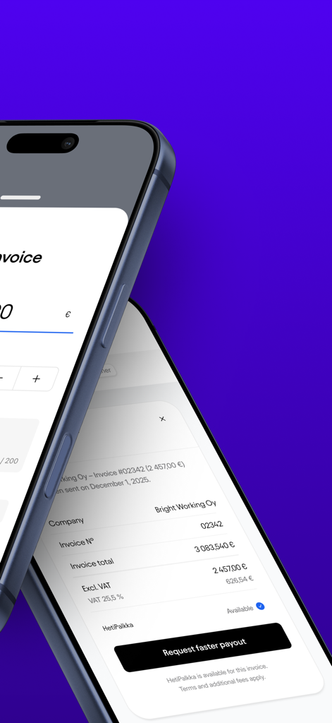 Mobile app screen displaying a professional invoice summary with a request faster payout button