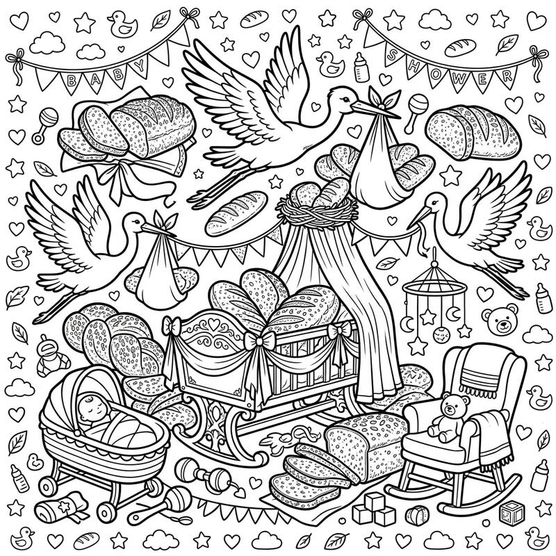 Dive into a delightfully whimsical world with our Rye Bread Baby Shower coloring page! This charming scene blends the warmth of fresh-baked rye with the sweet anticipation of a new arrival, offering a truly unique coloring experience.