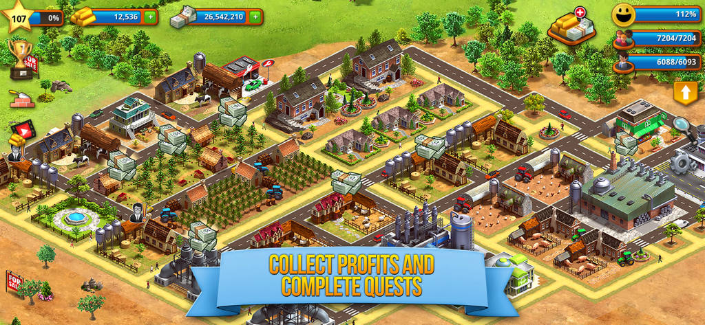 Gameplay screenshot of Tropic Paradise Town Build Sim showing a thriving island city with farms and factories