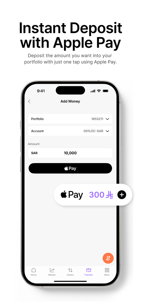 Derayah - Trade & Invest - Mobile app interface of Derayah Trade and Invest showing the Add Money screen with an Apple Pay deposit option for Saudi Riyal.