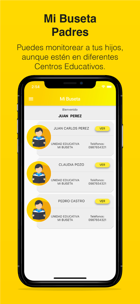 Mi Buseta Padres - Painel do aplicativo Mi Buseta Padres mostrando uma lista de vários filhos sendo monitorados em diferentes escolas