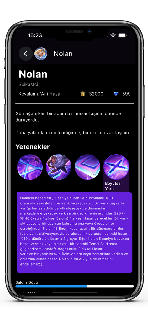 BBML Build - Hero profile for Nolan in the BBML Build app showing stats and skills