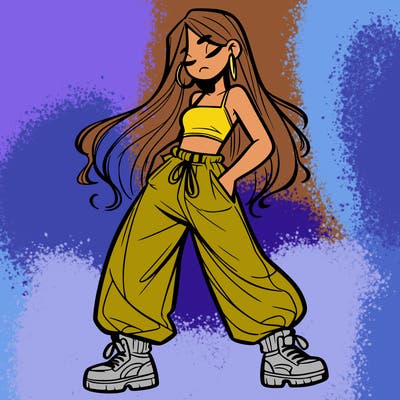 girl in baggy pants crop top and long hair