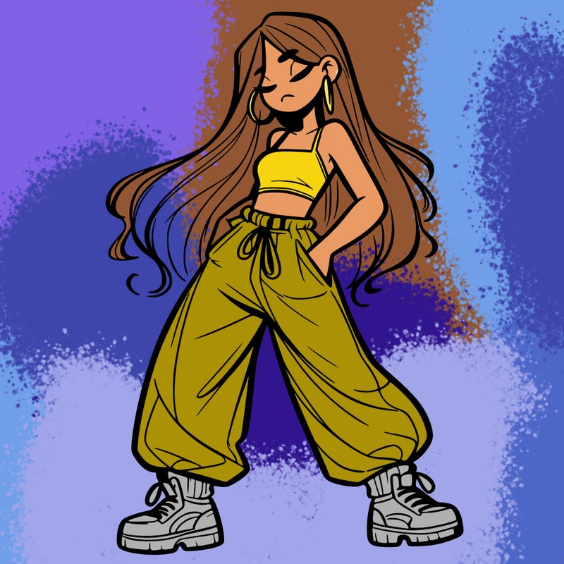 girl in baggy pants crop top and long hair