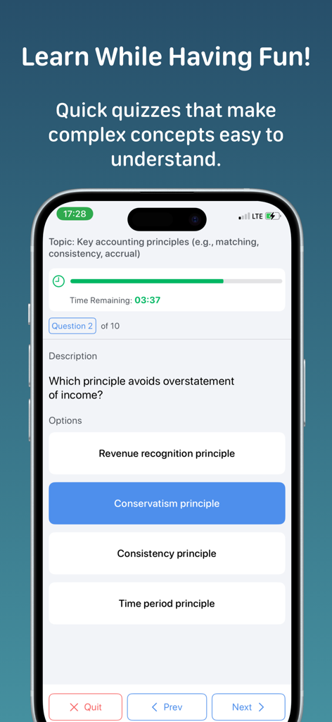Accounting Quiz+ - Accounting Quiz plus mobile app interface showing a practice question about accounting principles.