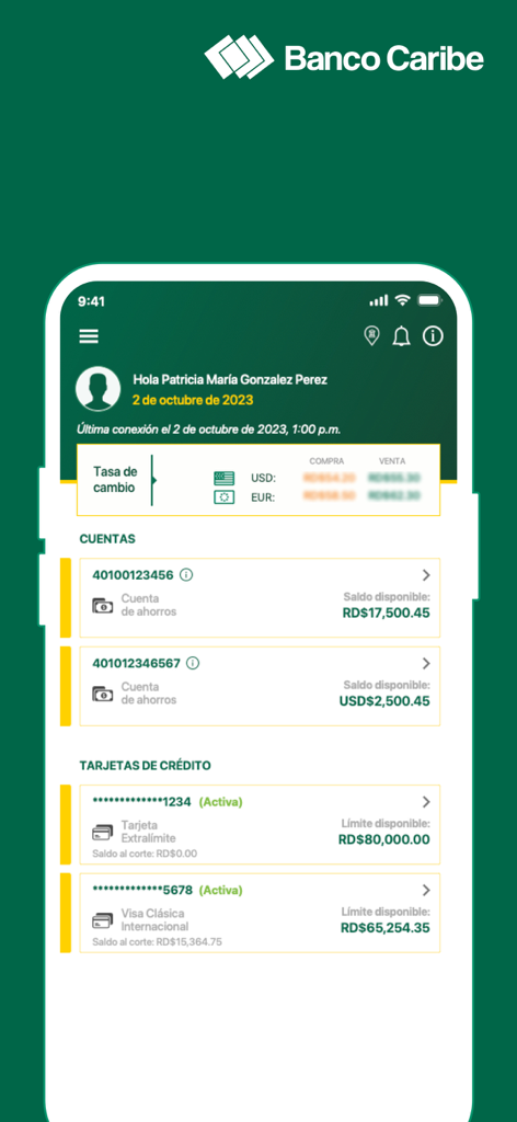 Banco Caribe - Pantalla de inicio de la aplicación móvil de Banco Caribe mostrando cuentas de ahorro en DOP y USD y tipos de cambio actuales