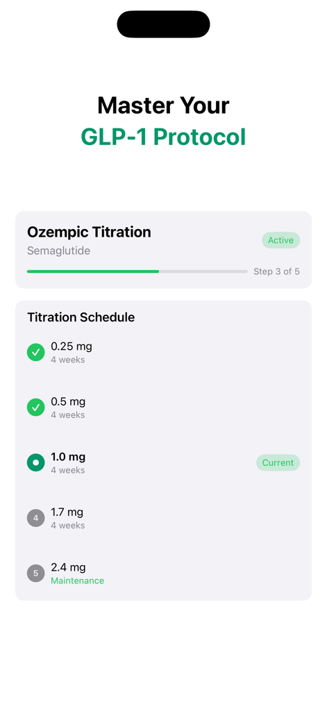 Screenshot of CalcPep app showing an Ozempic titration schedule for Semaglutide with dosages from 0.25mg to 2.4mg