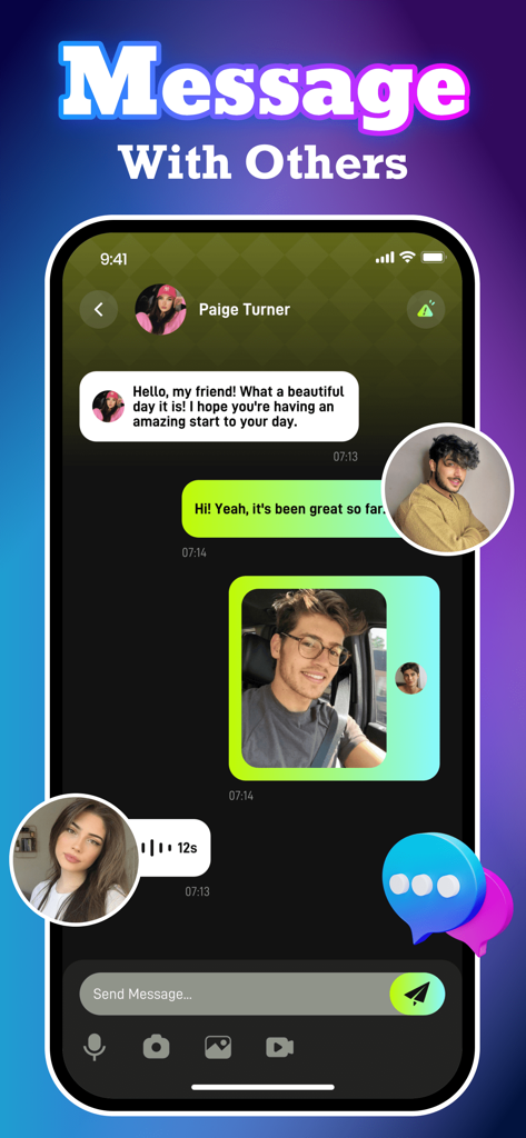 Chos：Adult，Social Chat - Interfaz de mensajería de la aplicación Chos mostrando una conversación de chat social con fotos y texto