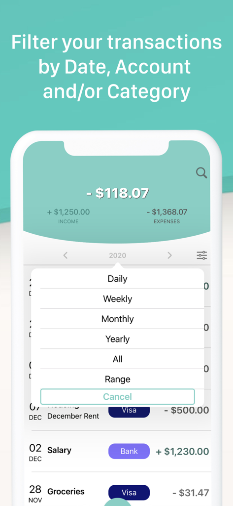 Xpence: Money Tracker - Xpence money tracker app interface showing transaction filtering options by date including daily weekly and monthly ranges