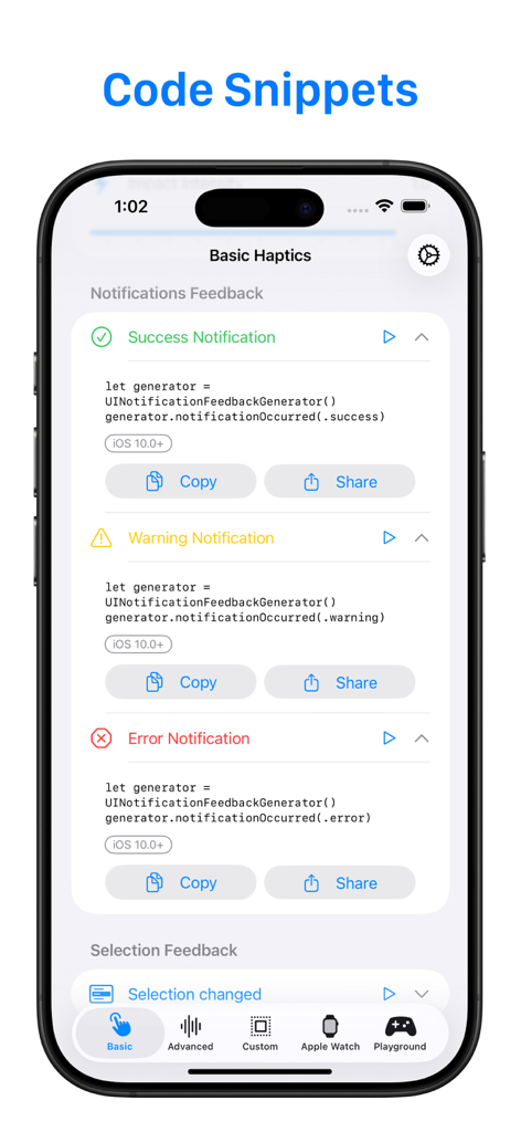 Haptic Testing: Developer Tool - Developer tool interface showing code snippets for success warning and error haptic feedback