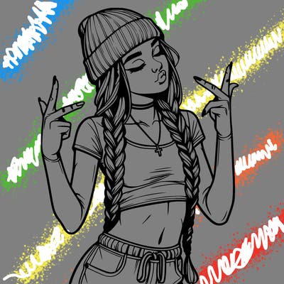 realistic teenage girl with braids and a beanie and crop top doing 🫶🏼