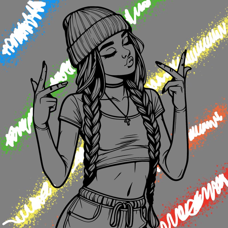 realistic teenage girl with braids and a beanie and crop top doing 🫶🏼