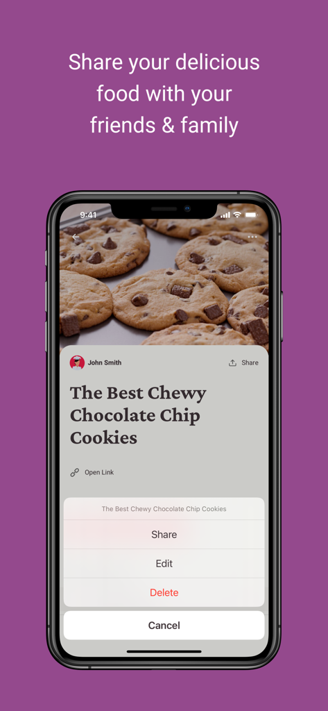 Potluck - Your Recipe Cookbook - A smartphone screen showing the Potluck app with a recipe for chocolate chip cookies and a share menu open