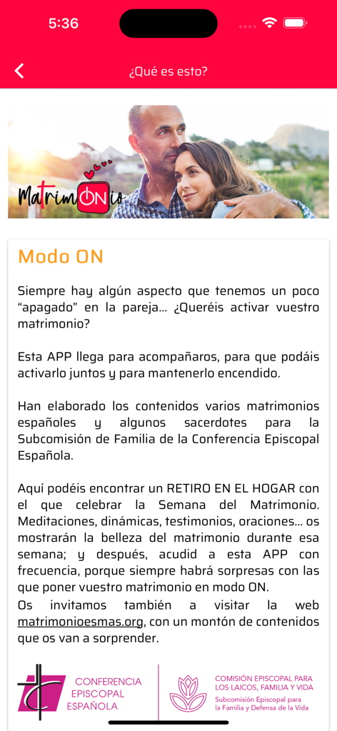 MatrimONio app information screen explaining the Modo ON feature for Catholic couples