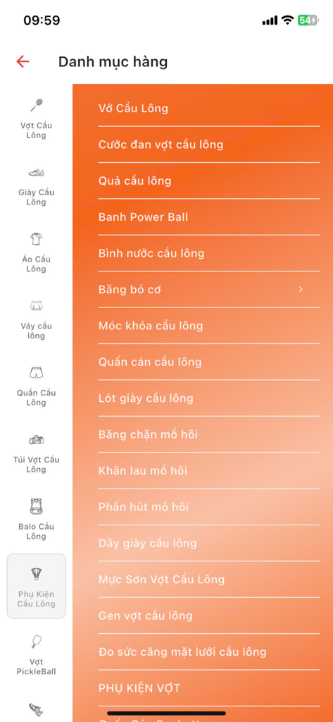 ShopVNB app screen displaying a list of product categories for badminton equipment and accessories in Vietnamese