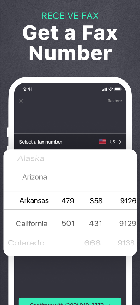 Interface to select a local US fax number by state in the mobile fax app