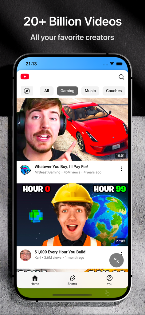 YouPlay: AdBlock Video Browser - Oberfläche der YouPlay-App, die einen Feed von Videos beliebter Ersteller auf einem mobilen Bildschirm zeigt.