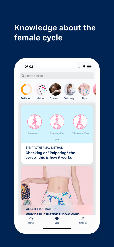 Ovy Partner App - Female Cycle - Ovy Partner App interface showing educational articles about the female cycle including reproductive health and the symptothermal method.