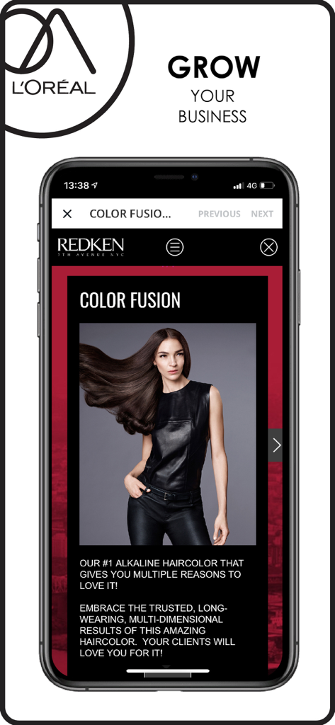 Interface do L'Oréal Access exibindo treinamento profissional de coloração capilar Redken Color Fusion.
