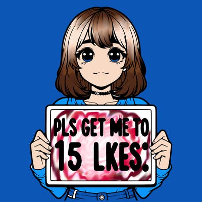 realistic girl holding up a sign that says “pls get me to 15 likes!”