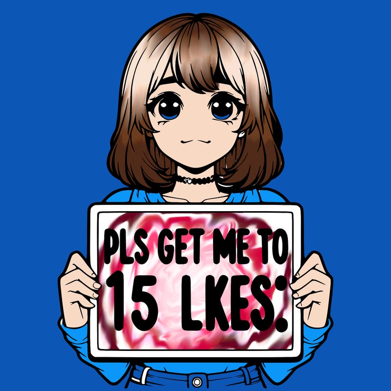 realistic girl holding up a sign that says “pls get me to 15 likes!”