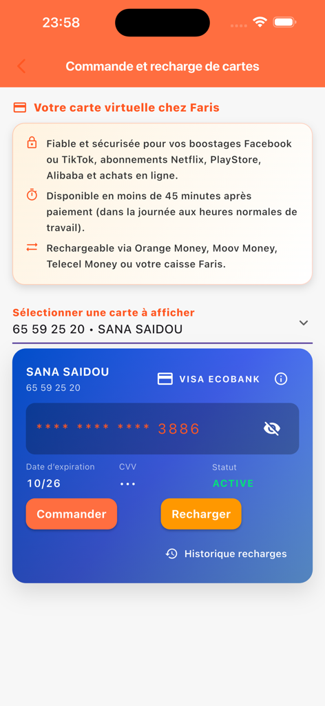 Faris - Interface of the Faris app showing a virtual VISA card for secure online transactions