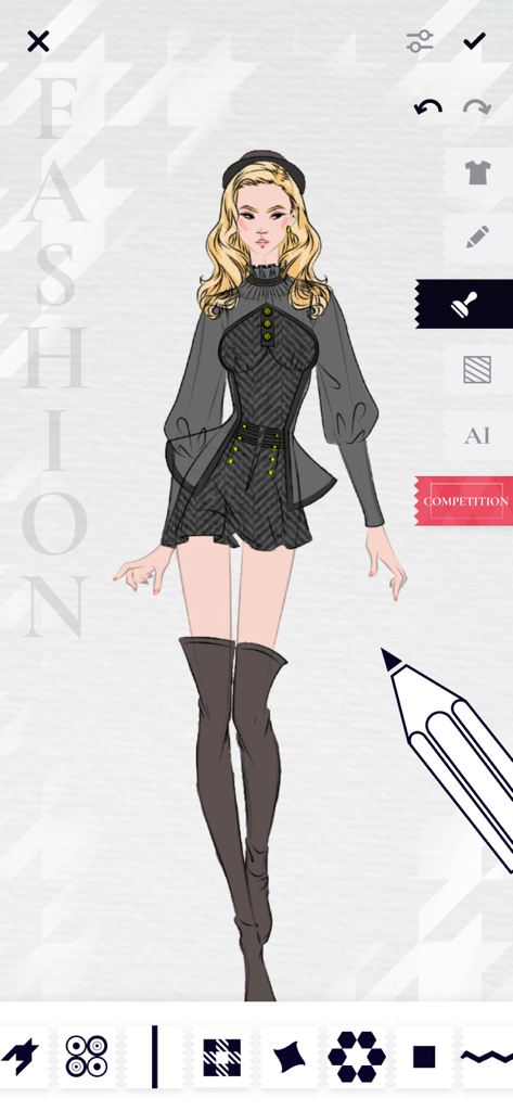Fashion Design Sketches: Style - Un'illustrazione di moda digitale di una donna con un elegante outfit grigio all'interno dell'interfaccia dell'app