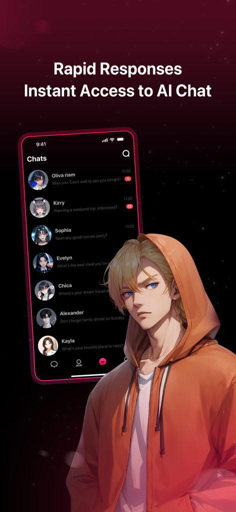 Interface of the SoulTalk app showing a list of AI character chats and an anime male character.