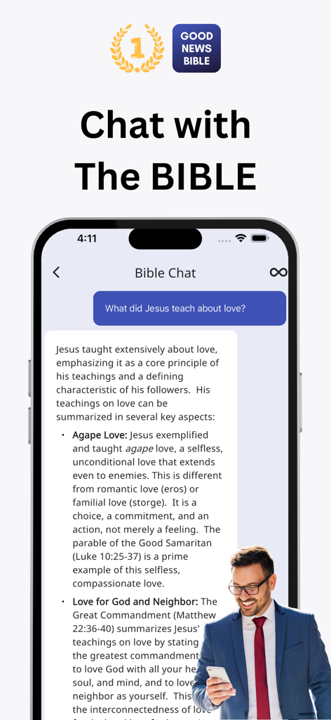 A mobile interface of the Good News Bible app showing an AI chat answering a question about Jesus teachings on love
