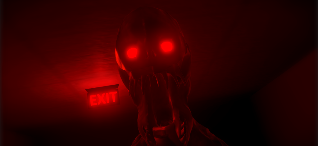 Backrooms: Outrun To Survive! - Monstruo aterrador con ojos rojos brillantes cerca de un letrero de salida rojo en las backrooms