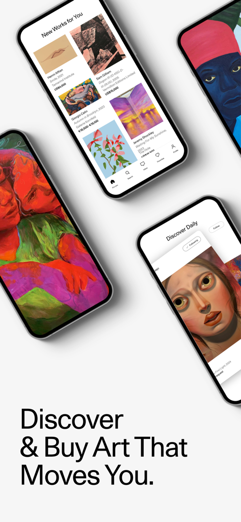Multiple smartphones displaying the Artsy app interface with curated fine art collections and contemporary paintings