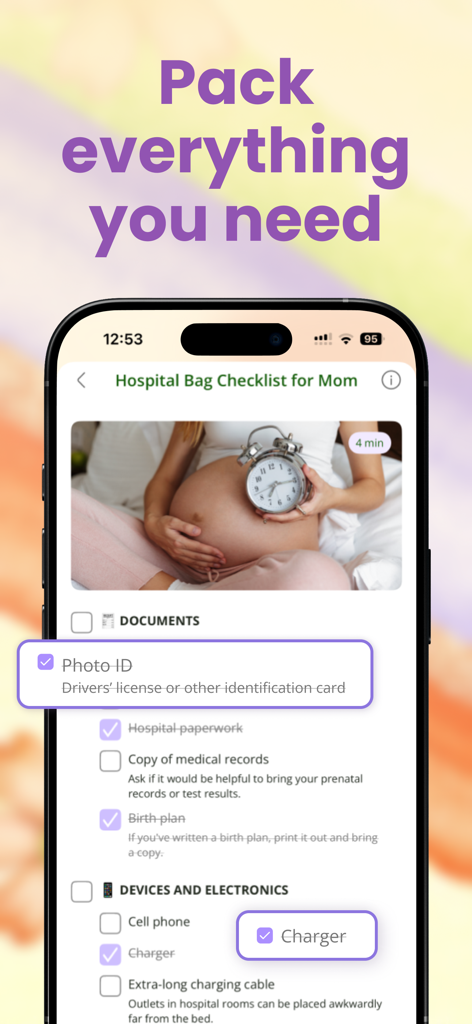 Contraction Timer · Counter - Una pantalla móvil que muestra una lista de verificación detallada de la bolsa del hospital para futuras madres dentro de la aplicación.