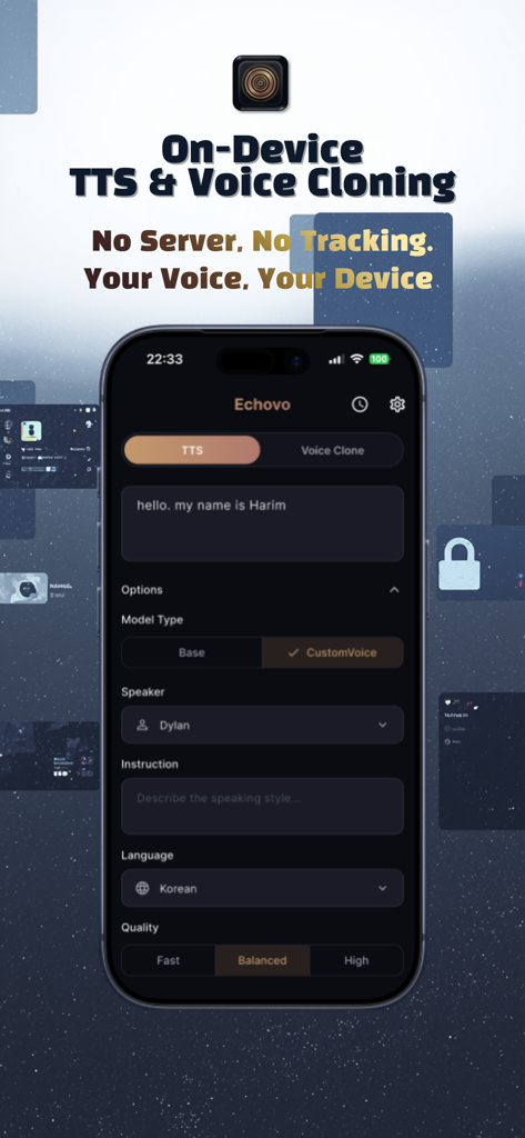 Echovo - TTS & Voice Cloning - Echovo app interface showing on device text to speech and voice cloning options